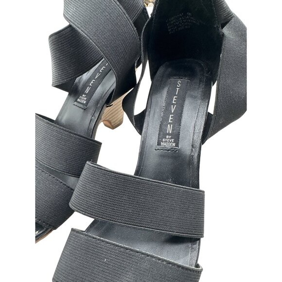 Steven Madden Size 6 Strappy Elastic Open-Toe Leather Back Heels Faux Wood Wedge - Picture 8 of 9